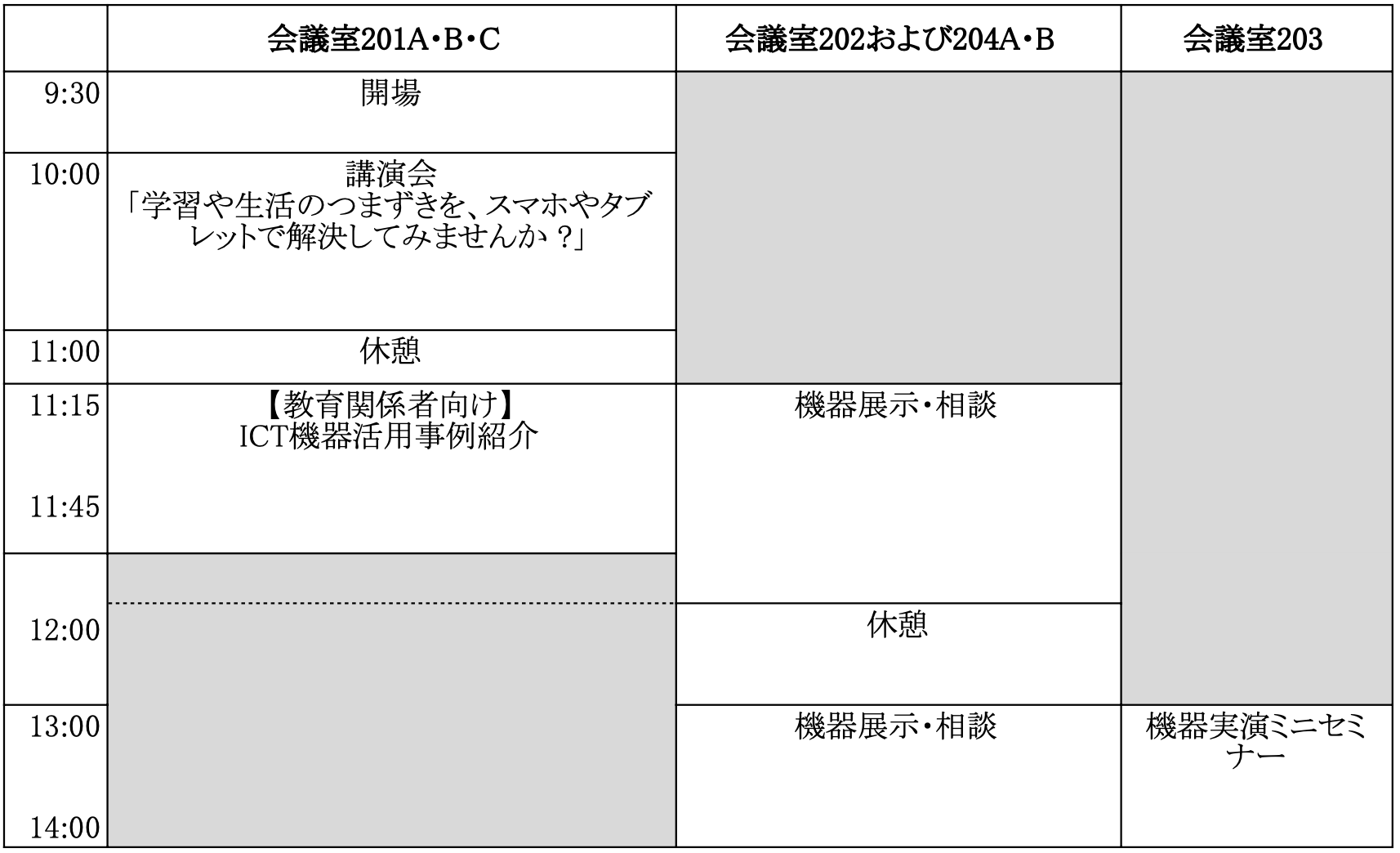 09:30会場10:00講演会 「学習や生活のつまずきを、スマホや タブレットで解決してみませんか ?」(会議室201A・B・C),11:00-11:15休憩,11:15-11:45【教育関係者向け】 ICT機器活用事例紹介(会議室201A・B・C),機器展示・相談(会議室202および204A・B),休憩,13:00-14:00機器展示・相談(会議室202および204A・B),機器実演ミニセミナー(会議室203)